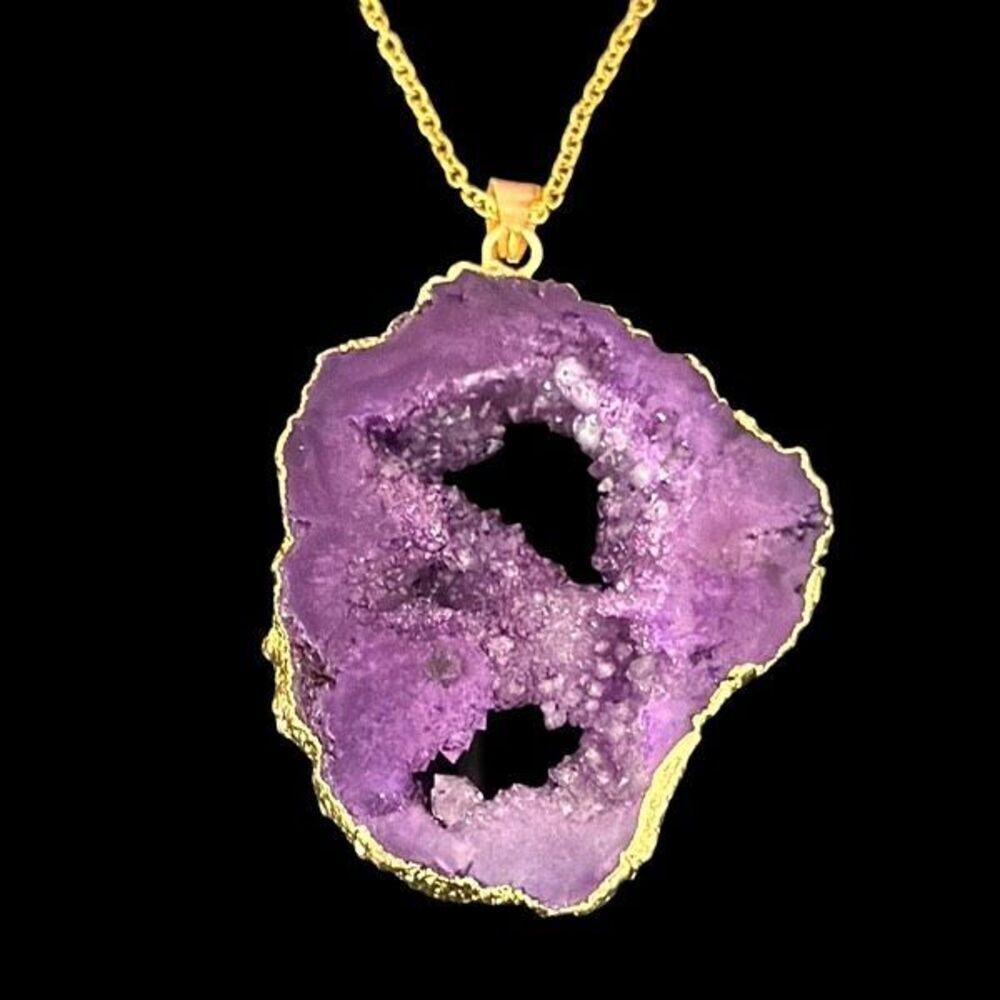 Unique Raw Purple Agate Drusy Pendant Necklace — Gilded Edge & Gold Tone Chain
